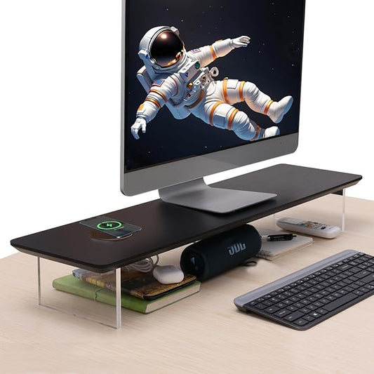 SUIBIAN Black Monitor Stand Riser with Wireless Charging 31.5Inch Large, Computer Monitor Stand,Wooden Desktop Organizer Shelf for Office Desk Computer,Laptop,TV (Black Oak)