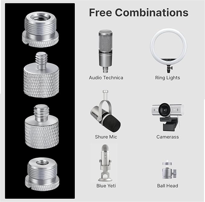 IXTECH Mic Stand Adapter Set - 8pcs Metal Tripod Adapter - 5/8" to "3/8" & "1/4" Male/Female Threads - ADP01 Silver