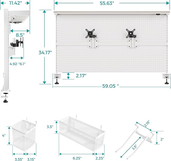 EUREKA ERGONOMIC Desk Pegboard with Dual Monitor Stands, LED Metal Pegboard for Gaming Desk, Privacy Panel with 4 Accessories Modular Hanging, Computer Accessories for Office, 59 x 34 Inch, White