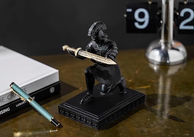 Roman Praetorian Warrior Knight Pen Holder Desk Ornament Resin Pencil Holder Desk Accessories and Organizer for Office with a Letter Opener (Black)