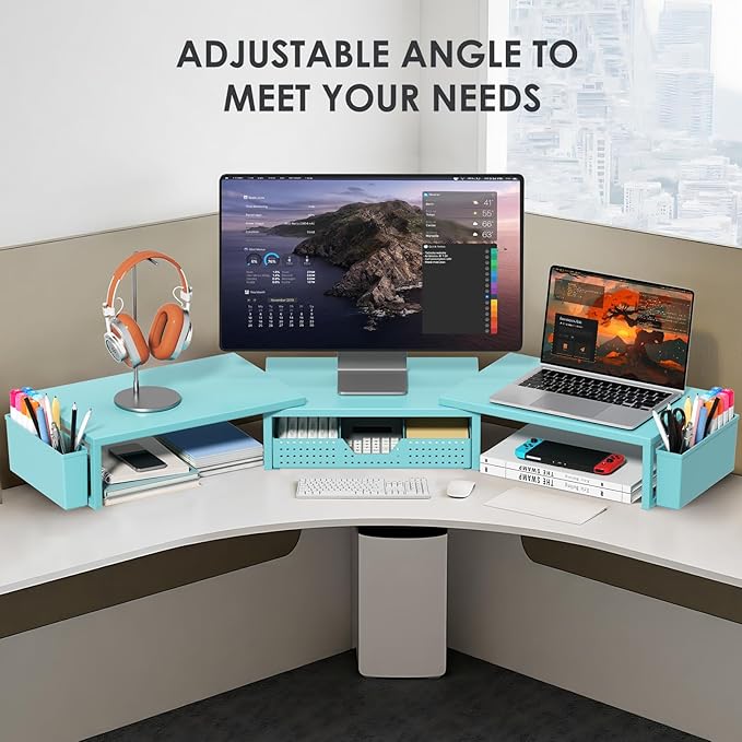 OPNICE Desk Organizers and Accessories, Dual Monitor Stand Riser with Drawer and 2 Pen Holders, Desk Shelf Metal Computer Monitor Stand for Office Workspace Organizers, Desktop Organization (Blue)