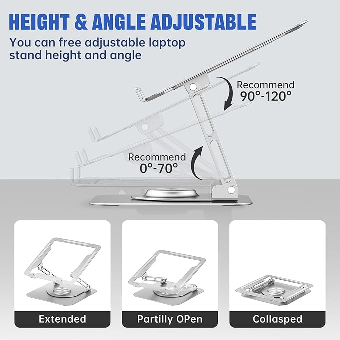 Laptop Stand for Desk, Adjustable Computer Stand with 360° Rotating Base, Ergonomic Laptop Riser for Collaborative Work, Foldable & Portable Laptop Stand, fits for All 10-16" Laptops