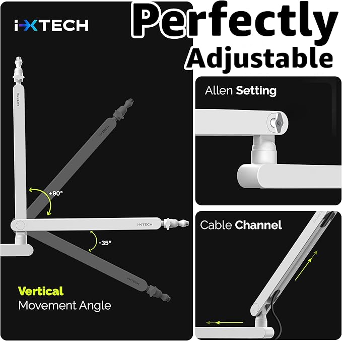 IXTECH White Microphone Boom Arm Stand Low Profile Boom Arm Adjustable Mic Stand with Built In Cable Management 360° Swivel Mic Arm.