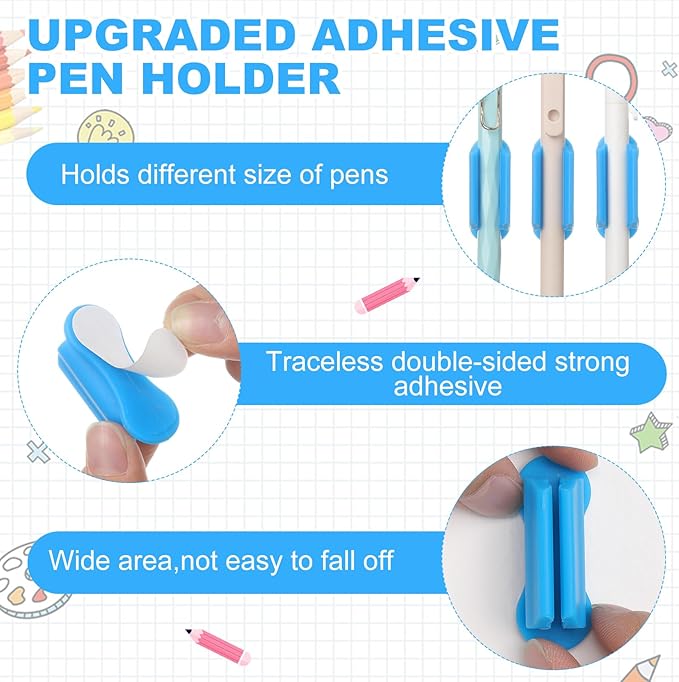 Sherr 48 Pack Adhesive Pencil Holders for Desk Upgraded Pen Holder for Desk Silicone Flexible Adhesive Pen Marker Organizer Clipboard Classroom School Office Accessories Teacher Supplies(Blue)