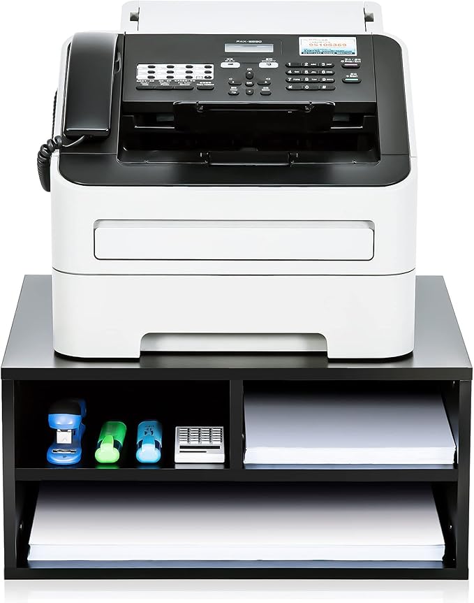 FITUEYES Large Printer Stands with 3 Storage Compartments, Desktop Paper Organizer Shelf for Home Office, 2-Tier Printer Riser, Black, 18.9" L x 15.7" W x 8.7" H