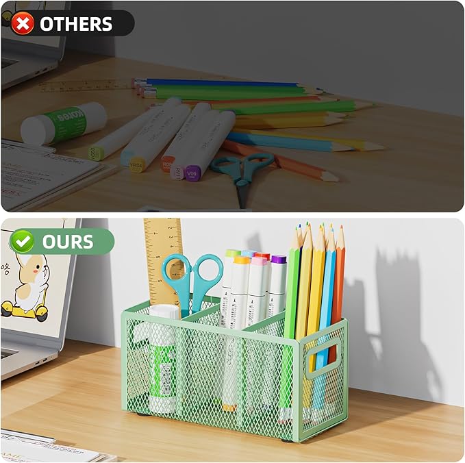 Marbrasse Mesh Pen Holder for Desk,Pencil Holder Desk Organizer 3 Adjustable Compartments,Pencil Cup with Handle Perfect for Classroom, Office, Home,Makeup,Art (Green)
