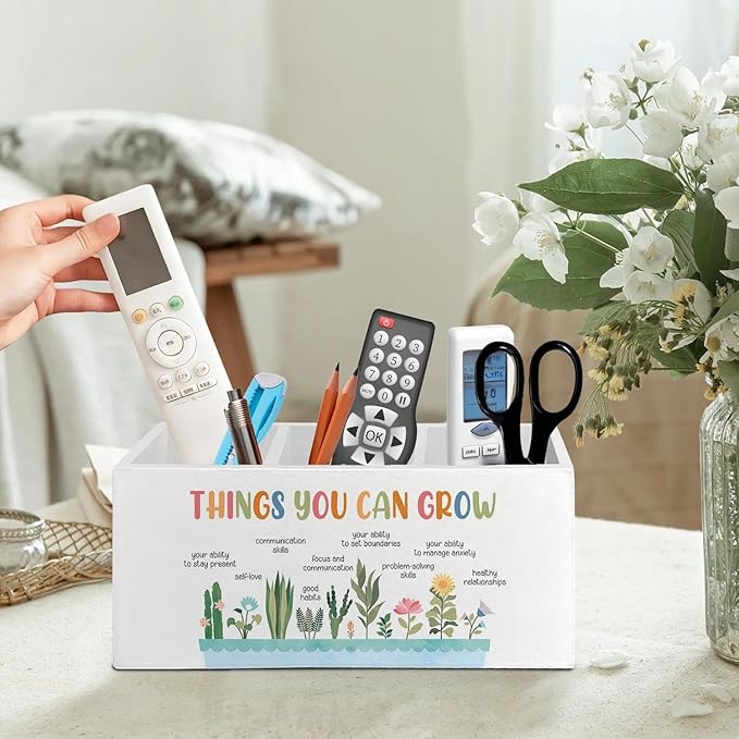 Self Growth Mental Health Pen Pencil Holder Organizer for Desk Accessories, Therapy Office Decor, Things You Can Grow Wooden Box Signs Decorations for School Counselor Office Desk Tabletop