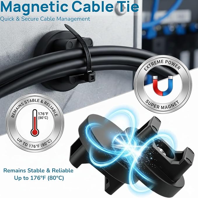 Magnetic Cable Ties Set, 25 Magnetic Zip Tie Mounts with 200 Cable Ties, Strong Wire Holder Cables Management, Multipurpose Electrical Cord Holders Organizer (31mm)