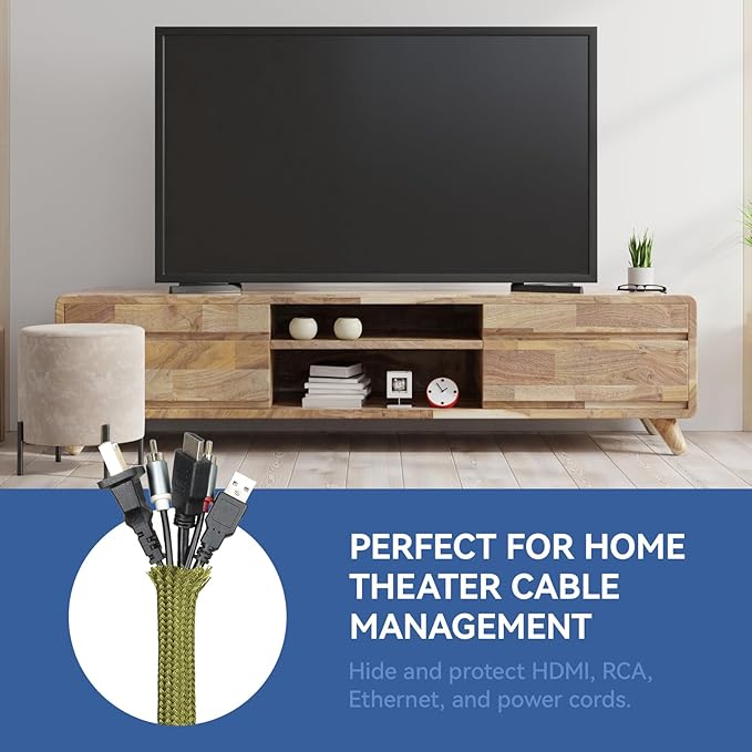 Polyamide Braided Sleeving, 33ft Expandable Wire Loom Abrasion Resistant Split Cable Sleeve for Automotive Harness, Computer Case & Cable Management (Army Green, 35mm（1-3/8"）)