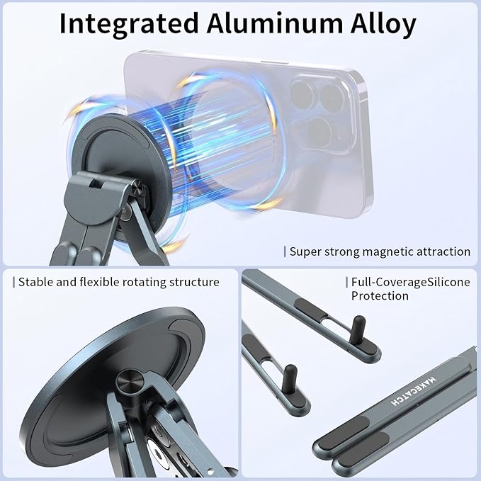 Adjustable Laptop Stand for Desk, MagSafe Compatible Portable Foldable Computer Riser for MacBook, iPhone, iPad, Tablet - Lightweight Aluminum, N52 Magnetic Grip, Perfect for Office, Home, Traveling