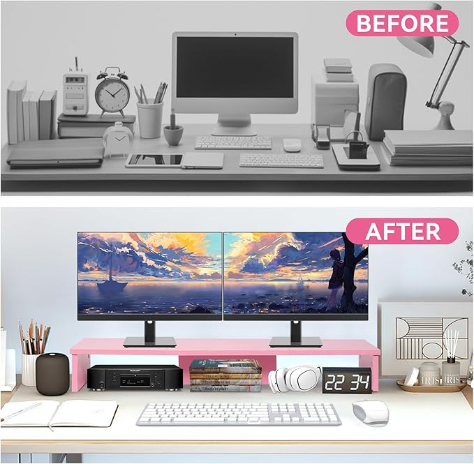 Dual Monitor Stand Riser, Large Computer Monitor Stand for Desk, Monitor Riser for 2 Monitors, Wood Desk Shelf for Top of Desk, Desktop Organizer for Computer, Laptop, Printer, TV, Pink