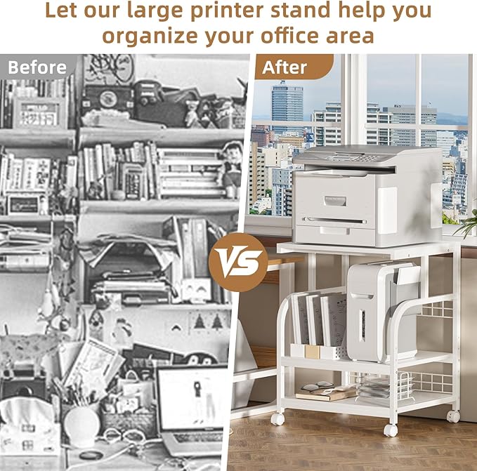 Lerliuo Large Printer Stand with Storage, 23.6"W x 18.9"D x 30.2"H, 5-Adjustable Shelf Heights Mobile 3 Tier Table with Lockable Wheels, Industrial Rolling Printer Cart, White Stands for Home Office