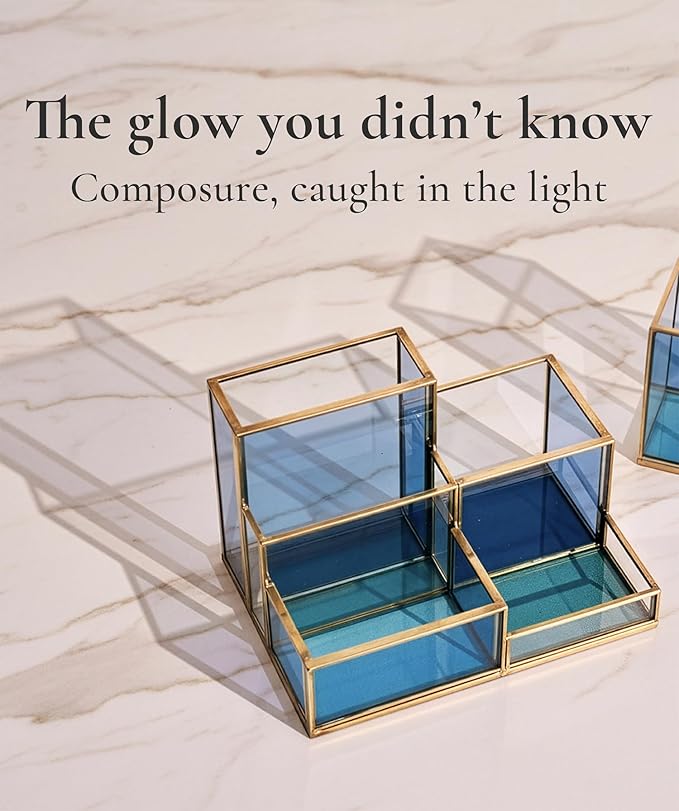 FONDAZZA 5-Compartment Desk Organizer for Home Office Supplies, Gold Brass with Blue Glass, Workspace Storage for Stationery, Cosmetic, Makeup Tools and Brush.