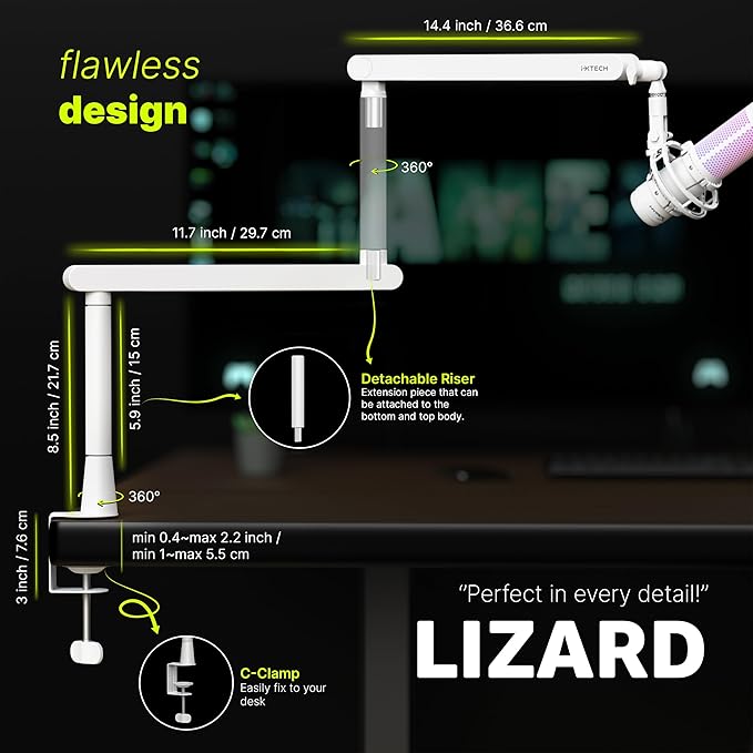 IXTECH White Microphone Boom Arm Stand Low Profile Boom Arm Adjustable Mic Stand with Built In Cable Management 360° Swivel Mic Arm.