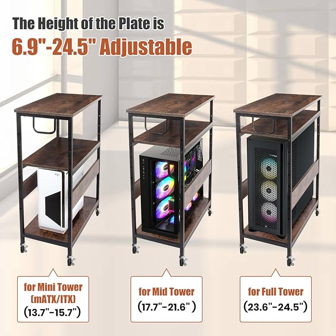 Extra Large Height Adjustable Computer Tower Stand, Computer & Machine Carts, PC Tower Stand, Printer Stands with Steel Wheels, Holds Up to 110 lbs (Fits 11" D x 22" W x 24.5" H Towers)