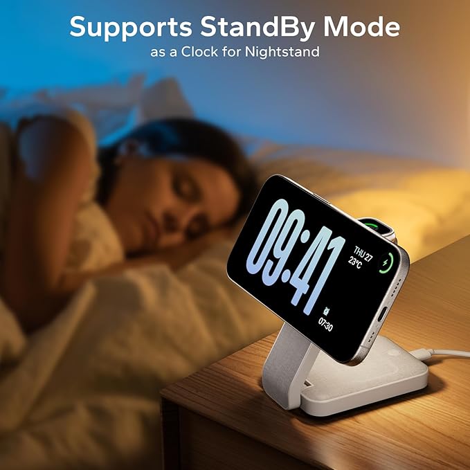 3 in 1 Foldable Wireless Travel Charging Station for MagSafe, Nightstand Magnetic Charger Stand for iPhone 17 16 15 14 Pro Max, Charging Dock with Night Light for Apple Watch/AirPods (White)