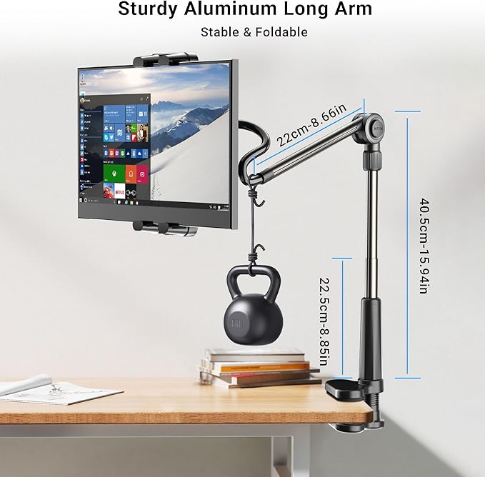 Foldable Desk Tablet Mount for iPad Portable Monitor 4.7-15.6'', Long Gooseneck Tablet Arm Holder, Table Tripod with Clamp Compatible with Surface Pro, All iPad Pro 12.9