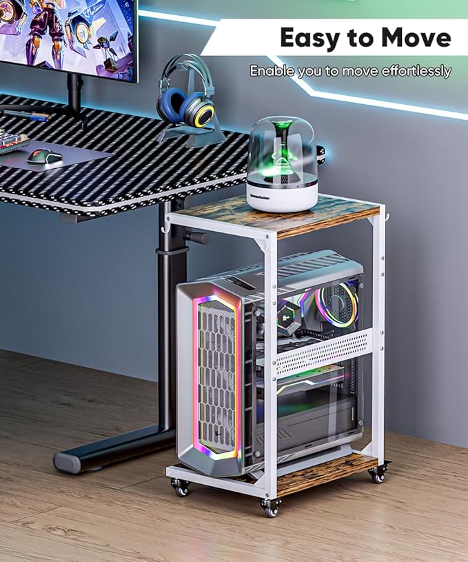 Computer Tower Stand, 2-Tier Metal CPU Holder Stand with Lockable Wheels, Adjustable Under Desk PC Shelf, Mobile Rolling Computer Cart for Home, Office, Gamers and Students, White