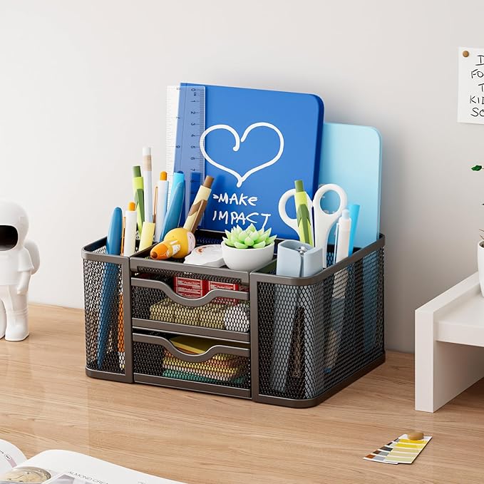 Marbrasse Mesh Desk Organizer, Pen Organizer with 2 Drawer, Multi-Functional Pencil Holder, Desk Organizers and Accessories with 5 Compartments + Drawer for Office Art Supplies (Black)