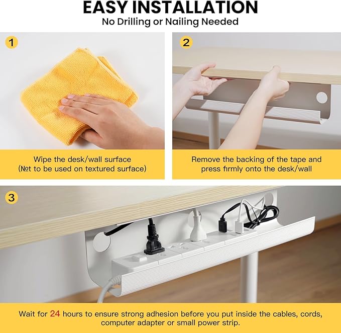 YECAYE Large Under Desk Cable Management,Easy Install Cable Management Under Desk with 4 Cord Holders & 6 Ties,Child & Pet-Safe Cord Hider,Wire Organizer,Wire Cover Tray,White