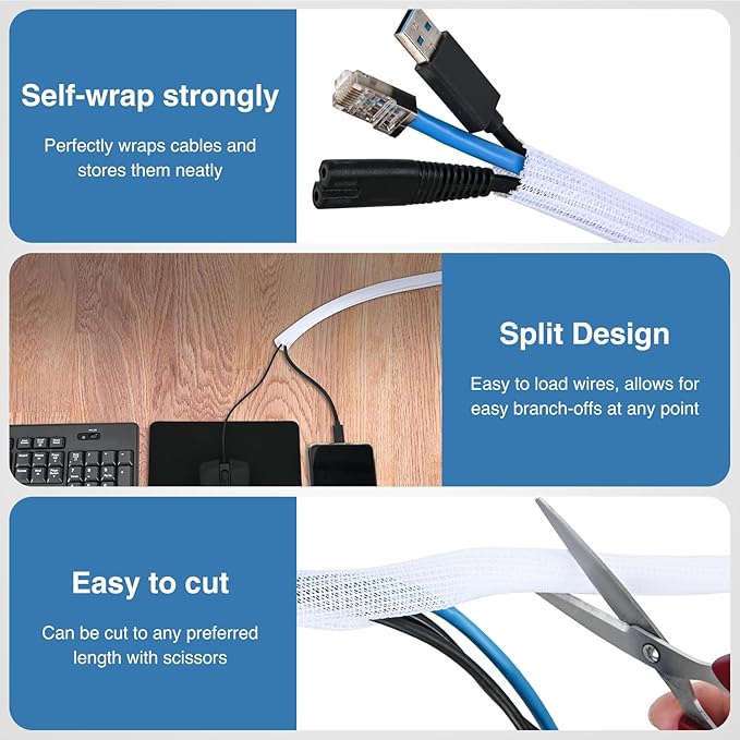 Nilight Cable Sleeve, 25ft-1/2inch Cord Management Sleeves, Braided Sleeving, Split Self Wrapping Wire Loom for Computer Electrical Automotive Harness Protector Organizer, White