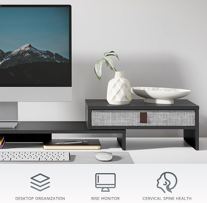 Fenge Computer Monitor Riser Stand with Drawer for 2 or 3 Monitors ,Adjustable Length and Angle Desktop Laptop Stand,Office Organizer,Printer,Black