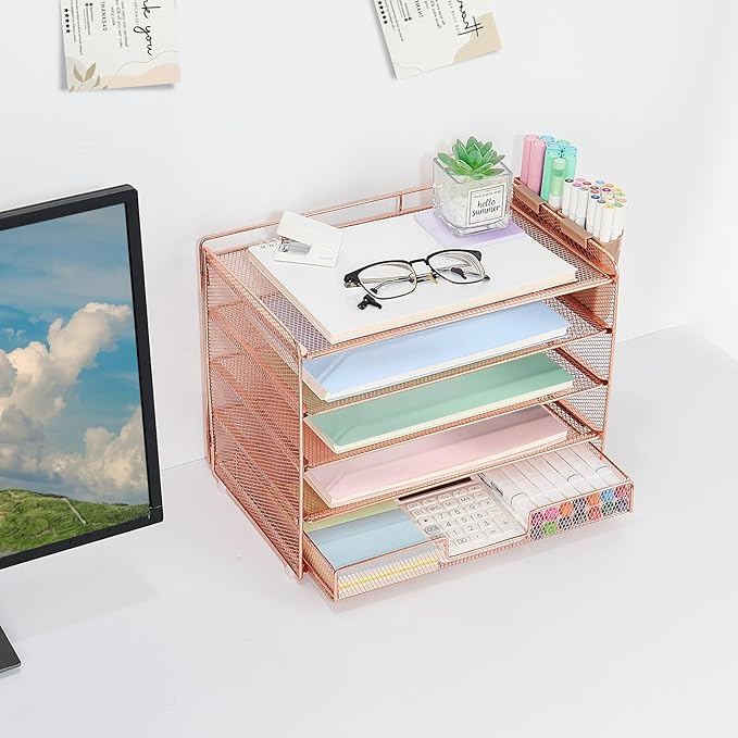 Desk Organizer and Accessories, 5-Tier Paper Letter Tray Organizer with Drawer & 2 Pen Holders for Desktop File Organization, Office Desk Accessories for Supplies Storage (Rose Gold)