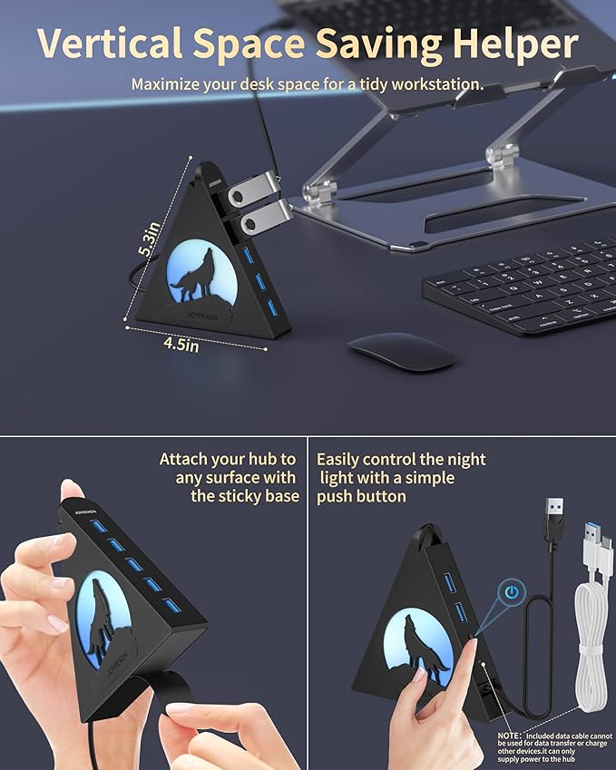7-Port USB 3.0 Hub, Vertical USB Hub Splitter with RGB Lighting,5Gbps High-Speed Data Transfer and 2FT Extension Cable, Compatible with PC, MacBook, Laptop, PS5, Xbox, Flash Drive, Printer