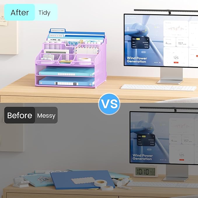 Lavatino Desk Paper File Organizer - Metal Mesh with 2 Letter Trays, 7 Flexible Dividers, 2 Vertical File Folder Holders for Office/Home/Classroom Supplies, Desk Organizers and Accessories, Purple