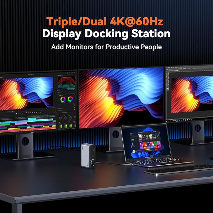 TobenONE 18 in 1 Laptop Docking Station 3 Monitors, Triple 4K Display with 3 HDMI, 9 USB Ports, Gigabit Ethernet, PD3.0, for Windows/Dell/Lenovo/HP/Thinkpad Laptops (No Power Adapter)