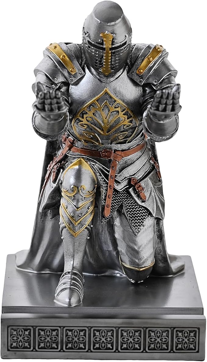 Medieval Templar Vanguard Officer Knight Pen Holder Pen Stand Desk Organizers and Accessories Resin Mobile Phone Stand as Gift for Office and Home Desk Organizer (Silver)
