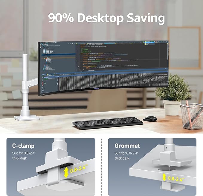 BEWISER Heavy Duty Monitor Arm for 34-57 inches Screens,Weight Capacity Up to 44 lbs,Full Motion Height Swivel Adjustable Ultrawide Monitor Arm (White)