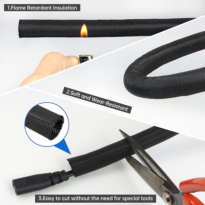 Split Braided Cable Sleeve，Flexible Wire Loom Tubing, Automotive Cord Protector Pet Proof, Cable Management for Computer TV Electric Wires Harness 16ft (Black, 16mm（5/8")