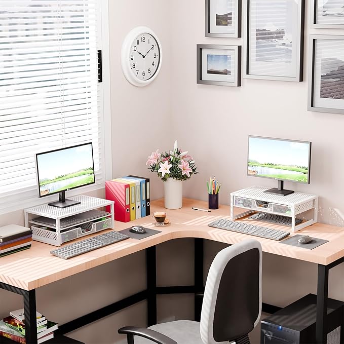 Simple Trending Metal Monitor Stand Riser and Computer Desk Organizer with Drawer for Laptop, Computer, iMac, White