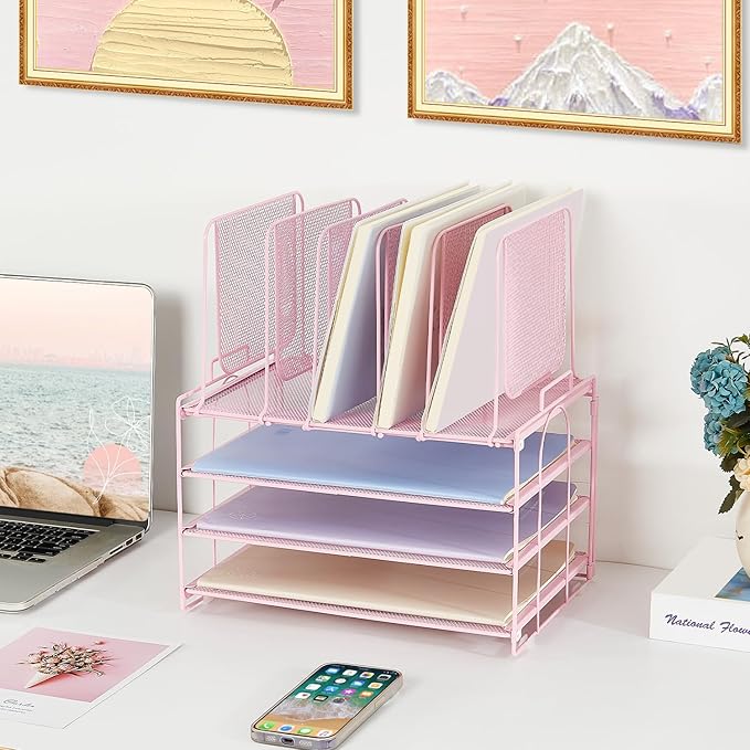 Desk Organizers and Accessories, 3-Tier Paper Organizer with 5 Vertical File Holders, File Organizer for Desk (Pink, 3T)