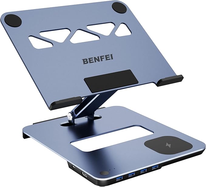 BENFEI Laptop Stand with USB C 6in1 Docking Station, 15W Magnetic Wireless Charger, USB 3.0 KVM Switch, HDMI 4K@60Hz, 4*USB3.0, 100 PD Compatible with MacBook Pro/Air, iPad Pro, XPS, Thinkpad