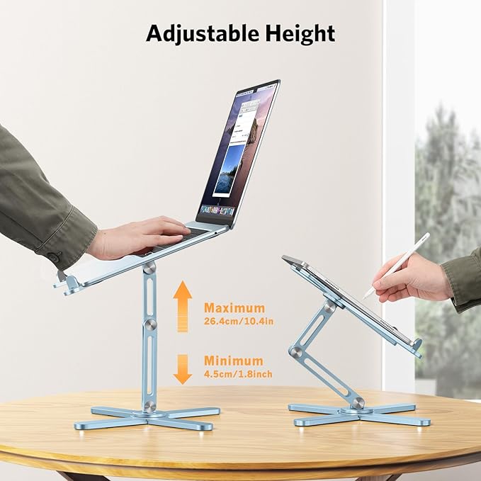 OMOTON 360 Rotating Laptop Stand Riser for Desk, Ergonomic Foldable Computer Stand Adjustable Height Angles for Collaborative Work, Easy Storage Fit Macbooks,All Laptops up to 16 inches,Sky Blue