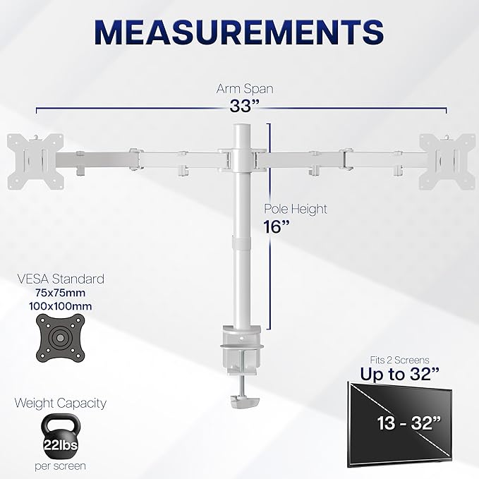 VIVO Dual Monitor Desk Mount, Heavy Duty Fully Adjustable Stand, Fits 2 LCD LED Screens up to 32 inches, White, STAND-V032W
