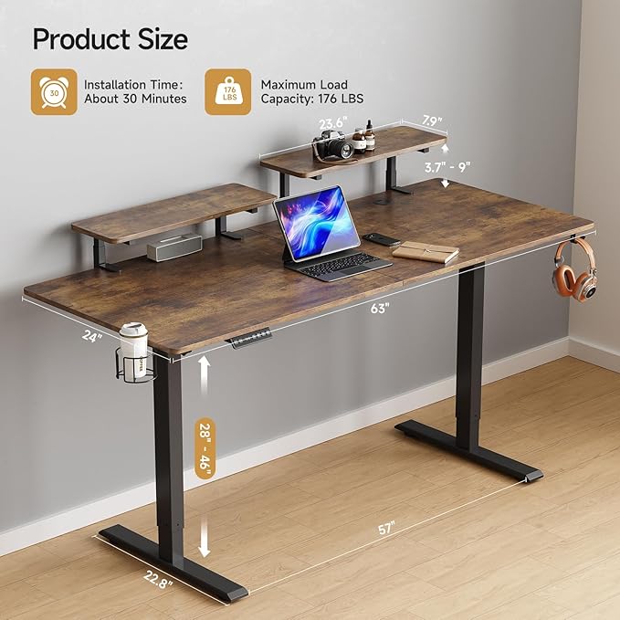 ONBRILL Standing Desk with 2 Adjustable Monitor Shelves, 63 x 24 Inches Electric Stand Up Desk with Memory Controller and Adjustable Height from 28-46 inches for Computer Workstations, Rustic Brown