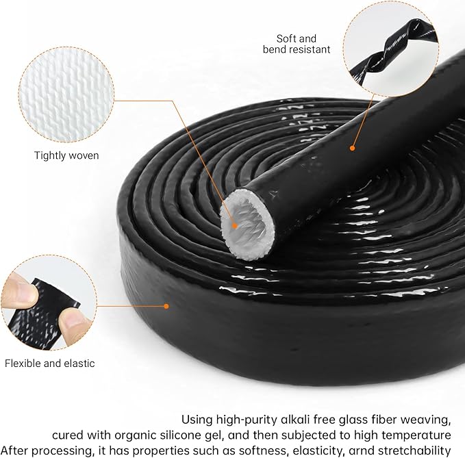 High Temp Fire Sleeve, Fiberglass Braided Heat Shield for Automotive Fuel Line & Wiring Harness, Silicone Coated Fireproof Protection Tube (Black, 25mm(1")-3.3ft)
