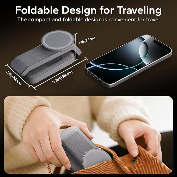 3 in 1 Foldable Wireless Charging Station for MagSafe, Nightstand Magnetic Charger Stand for iPhone 17 16 15 14 Pro Max, Travel Charging Dock with Night Light for Apple Watch/AirPods (Gray)