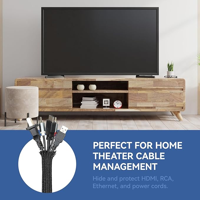 Polyamide Braided Sleeving, 33ft Expandable Wire Loom Abrasion Resistant Split Cable Sleeve for Automotive Harness, Computer Case & Cable Management (Black, 45mm（1-25/32"）)