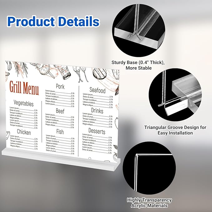 12 Pack Acrylic Sign Holder 11 x 8.5 Horizontal, Double-Sided Clear Sign Holder Plastic Stands for Display, T Shape Acrylic Table Sign Stands for Office Store Restaurants Wedding Party Decoration