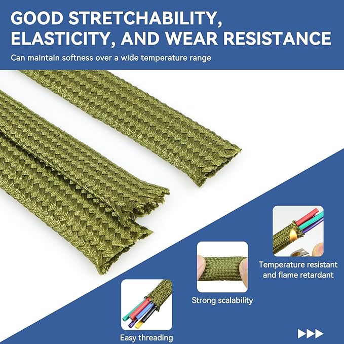 Polyamide Braided Sleeving, 33ft Expandable Wire Loom Abrasion Resistant Split Cable Sleeve for Automotive Harness, Computer Case & Cable Management (Army Green, 10mm（3/8"）)