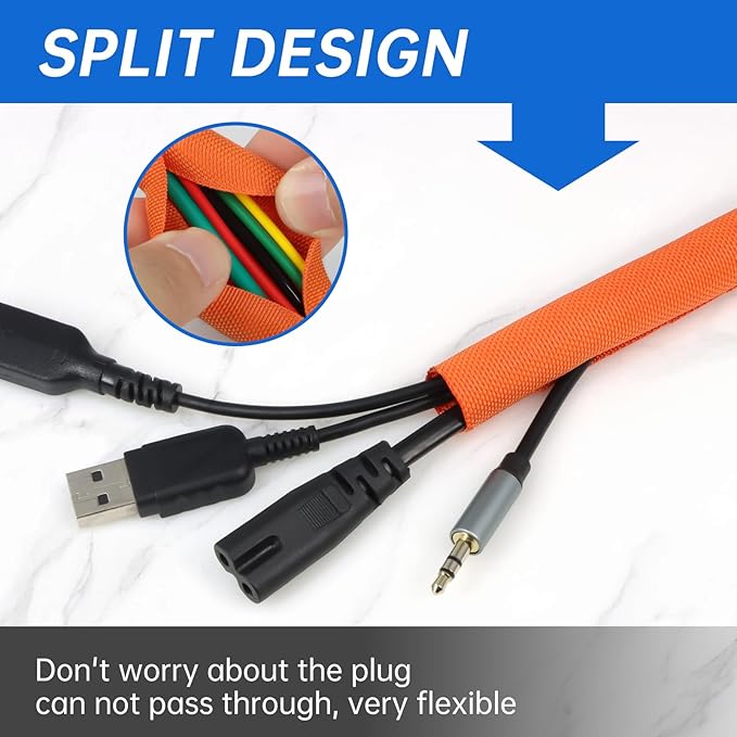 Split Braided Cable Sleeve，Flexible Wire Loom Tubing, Automotive Cord Protector Pet Proof, Cable Management for Computer TV Electric Wires Harness 16ft (Orange, 8mm（5/16")
