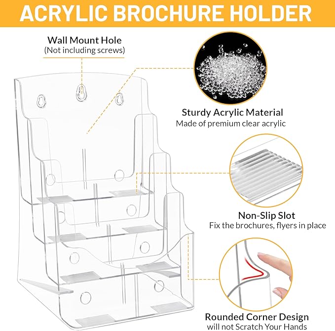 Acrylic Brochure Holder 8.5 x11”, 4 Tier Clear Literature Magazine Stand with Removable Divider for 4 x 9 Pamphlet Display Brochure with Business Card Holders- Wall Mount & Countertop