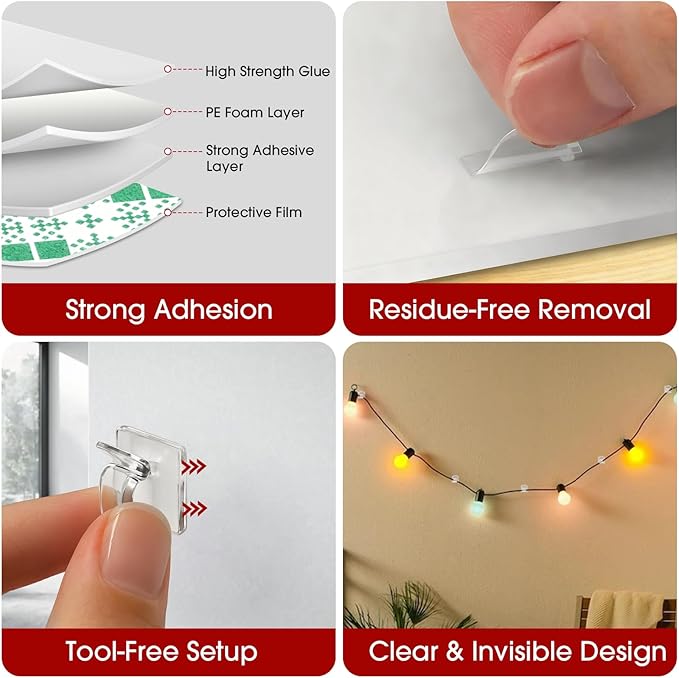 60PCS Adhesive Cable Clips, Heavy-Duty Cord Clips for Cable Management, Outdoor Christmas Light Clips Hooks, Traceless Clear Wire Holders Cord Organizer for Wall, Desk, LED, Car(Small)