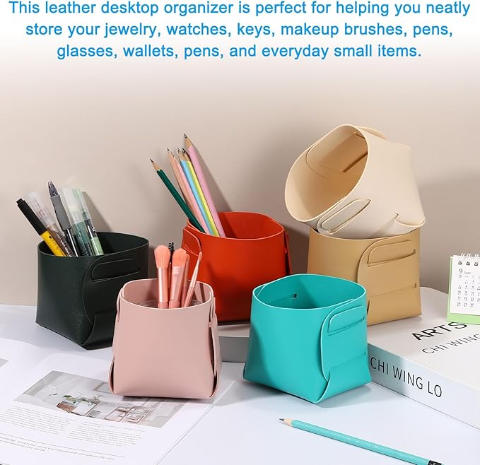 PATIKIL 2Pack Leather Desk Organizer, Leather Pencil Pen Holder Jewelry Valet Tray Hair Accessories Organizer for Bedroom Drawer Office Key Wallet Watch Pen Pencil Glasses, Dark Blue