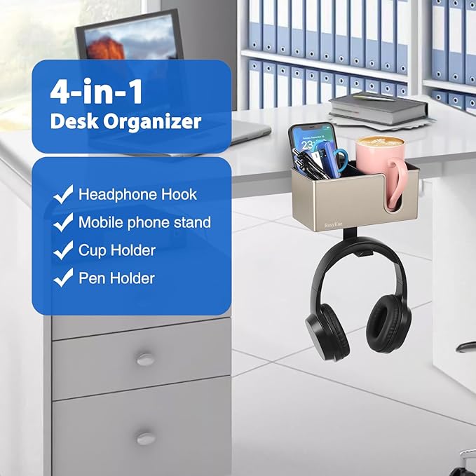 ROSLINE 3-in-1 Clip-on Desk Organizer - Pen, Headphone, and Cup Holder for Expanding Office and Gaming Space (Champagne)