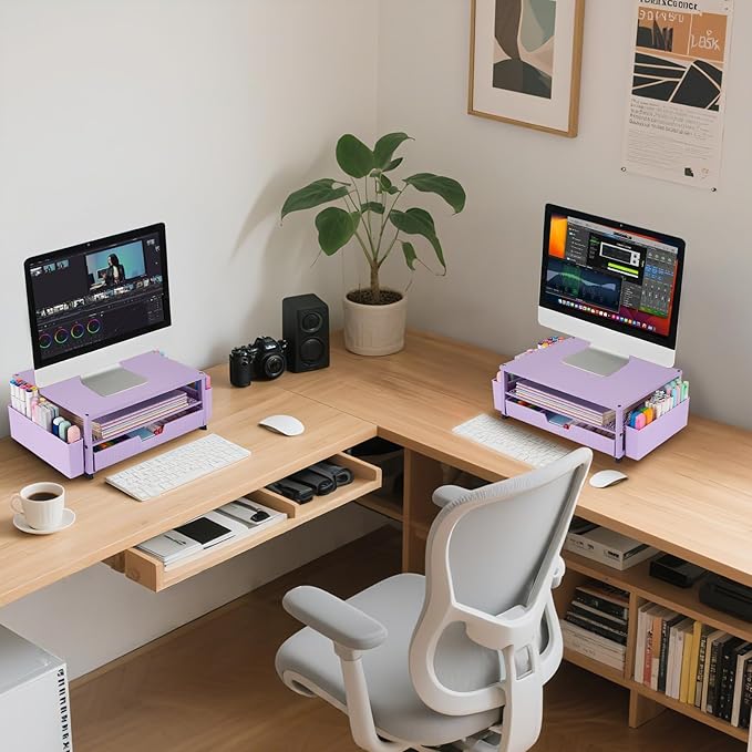 Desk Organizer and Accessories, 2-Tier Computer Monitor Stand Rise with Storage Drawer & 2 Pen Holders, Laptop & Printer Stand for Desktop, Workspace Organizers for Office Supplies (Purple)